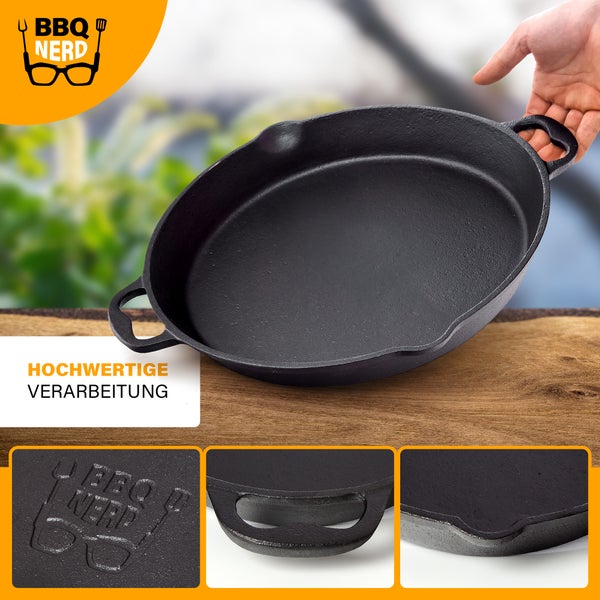 BBQ Nerd Gusseisenpfanne zum Grillen, Rösten, Anbraten | Grillpfanne Ø 30 cm 3200g mit Ausgießer und Henkel | Antihaft-Pfanne Feuerpfanne - hitzebeständig & wärmespeichernd
