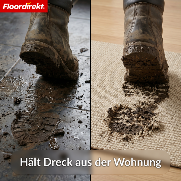 Floordirekt Logo. Ein Vergleich zeigt einen schlammigen Stiefel, der Abdrücke auf Bodenfliesen und einer Schmutzfangmatte hinterlässt.