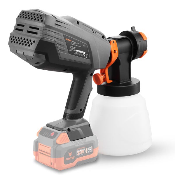Akku Farbsprühsystem FUXTEC mit 20 Volt Akku und Farbbehälter.