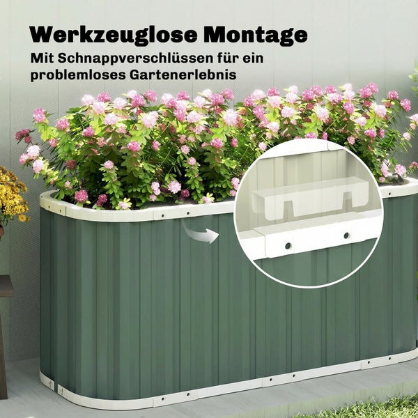 Grünes ovales Hochbeet aus Metall mit rosa Blumen und Detailansicht der werkzeuglosen Montage durch Schnappverschlüsse.