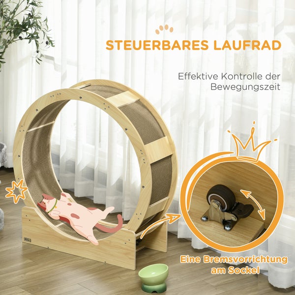 Katzenlaufrad aus Holz mit Kratzfläche und einer integrierten Bremsvorrichtung am Sockel zur Kontrolle der Bewegungszeit.