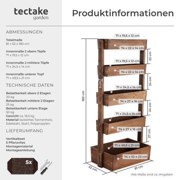 tectake garden Logo. Produktinformationen zum Vertikalbeet aus Tannenholz mit 5 Ebenen und Maßangaben. Gesamthöhe 180 Zentimeter.