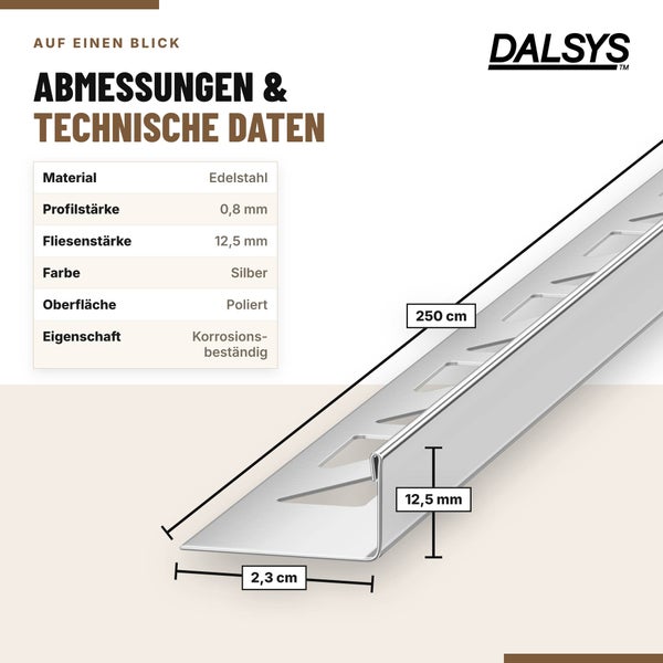 Dalsys Fliesenprofil aus Edelstahl mit technischen Daten und Maßangaben