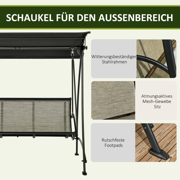 Outsunny Hollywoodschaukel, 3-Sitzer Gartenschaukel mit Verstellbarem Sonnendach, UV-Schutz, bis 330 kg Belastbar, Terrasse, Texteline, Schwarz