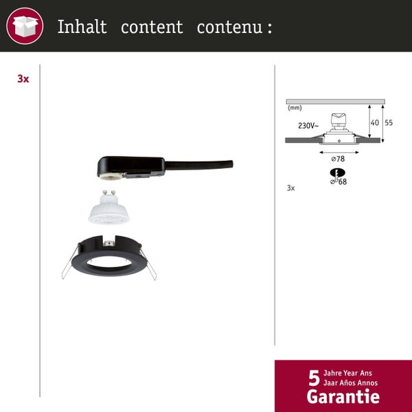 Lieferumfang eines Sets mit drei Einbaustrahlern, inklusive GU10 Leuchtmitteln, Anschlusskabeln, Einbaumaßen in Millimetern und 5 Jahren Garantie.
