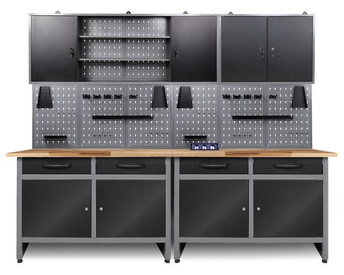 Werkbankkombination mit Werkzeugschränken und Lochwand