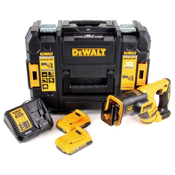 DeWalt 18 Volt Akku-Säbelsäge DCS367 mit zwei Akkus, Ladegerät und Systemkoffer.