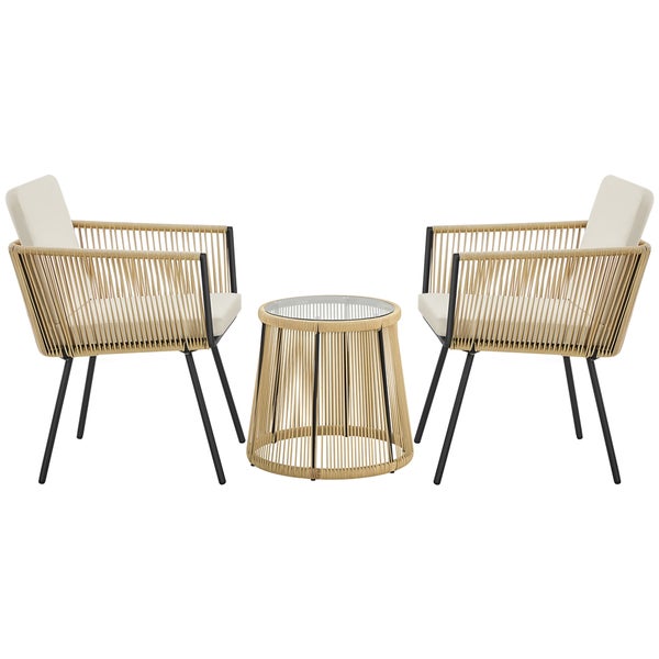 Garten-Lounge-Set aus zwei Sesseln und einem runden Tisch mit Glasplatte. Sessel mit schwarzem Metallgestell, beigem Seilgeflecht und hellen Kissen.