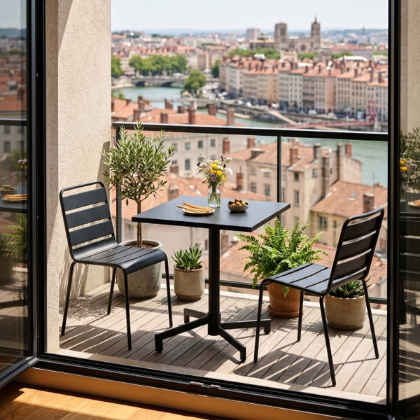 Moderner Balkon mit zwei schwarzen Metallstühlen, einem quadratischen Metalltisch und verschiedenen Topfpflanzen auf einer Holzterrasse.