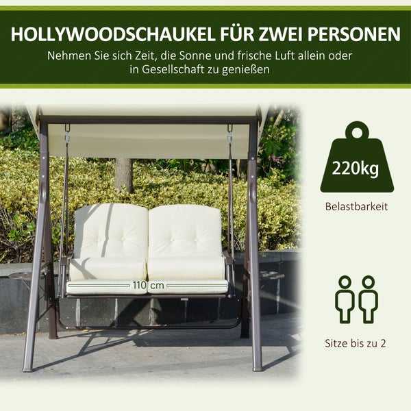 Outsunny 2-Sitzer Hollywoodschaukel, Gartenschaukel mit Sonnendach, 162 x 118 x 173 cm, Metall, Polyester, Beige
