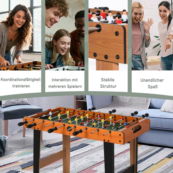 Collage eines Tischkickers in Holz-Optik in einem Wohnzimmer, zeigt spielende Personen und Details zur stabilen Konstruktion.