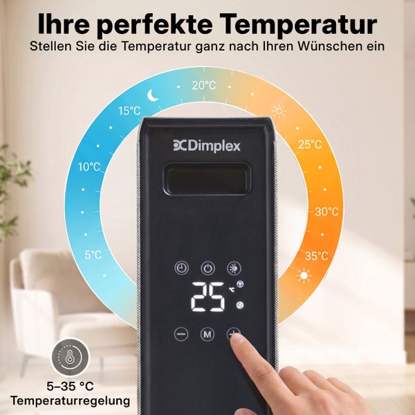 Dimplex Konvektor mit digitalem Bedienfeld und Temperaturanzeige zur Einstellung zwischen 5 und 35 Grad Celsius.
