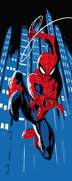 Illustration von Spider-Man vor einem Hintergrund von Stadtgebäuden.