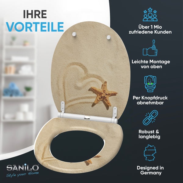 Sanilo Toilettensitz mit Strandmotiv, Herz und Seestern. Einfache Montage, abnehmbar, robust, langlebig, in Deutschland entworfen. Sanilo Logo.