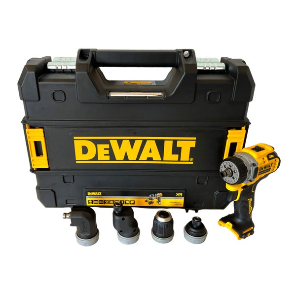 DeWalt Akku Bohrschrauber Set DCD703NT mit 12 Volt, bürstenlosem Motor und 4 auswechselbaren Aufsätzen im stabilen Transportkoffer.
