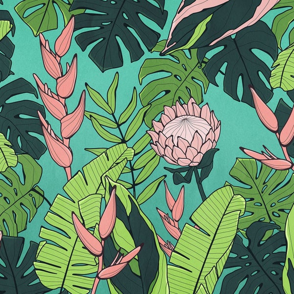 Illustration mit tropischen Blättern und Blumenmuster