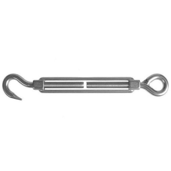 Spannschloss mit Haken und Öse aus Metall zum Spannen von Seilen und Drähten.