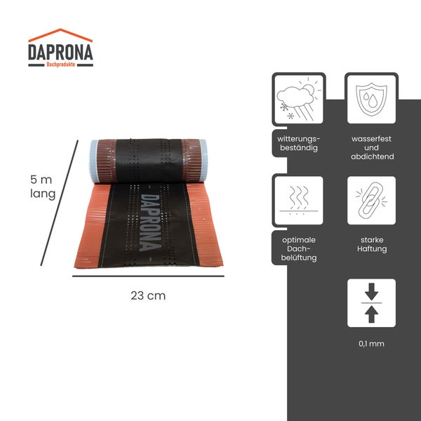 Daprona Logo. Firstrolle, 5 Meter lang, 23 Zentimeter breit, 0,1 Millimeter dick. Witterungsbeständig, wasserfest, Belüftung, starke Haftung.