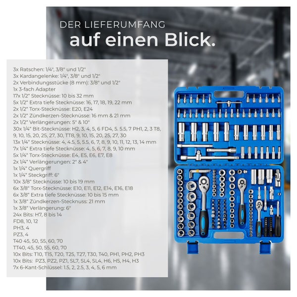 Umfangreiches Werkzeugset in blauem Koffer mit Ratschen, Stecknüssen, Torx-Stecknüssen und Bit-Stecknüssen
