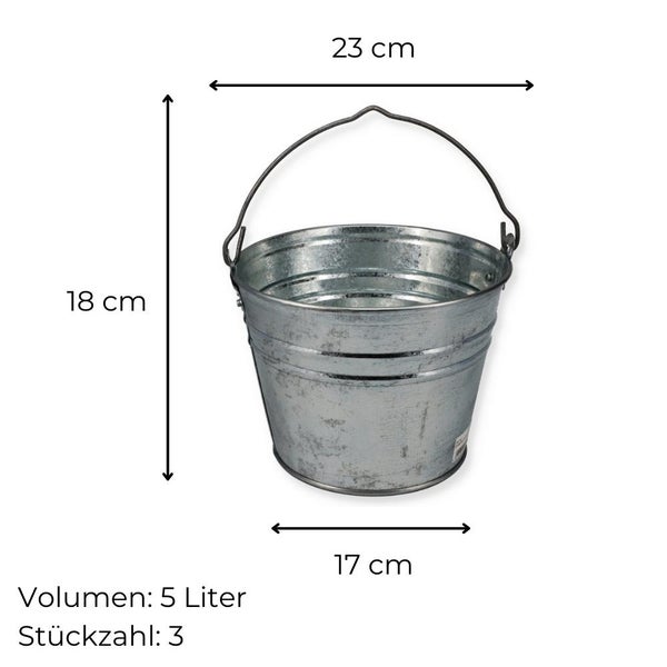 Zinkeimer 5 Liter 3 St. Blecheimer verzinkt Wassereimer Metall Deko Asche Pflanzen Eimer