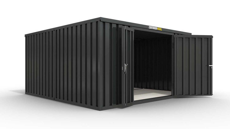 Lagercontainer Gerätehaus M2  – 12 qm, H2150 x B3050 x T4340 mm, Außenwandlackierung anthrazit, Dach außen verzinkt, mit Holzfußboden, 1830 mm Doppelflügeltür mittig in Stirnseite, montiert