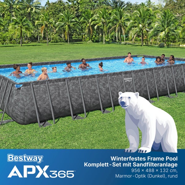 Bestway APX365 winterfestes Frame Pool Komplett-Set in Marmor-Optik, 956 mal 488 mal 132 Zentimeter, mit Sandfilteranlage, im Garten, Bestway Logo.