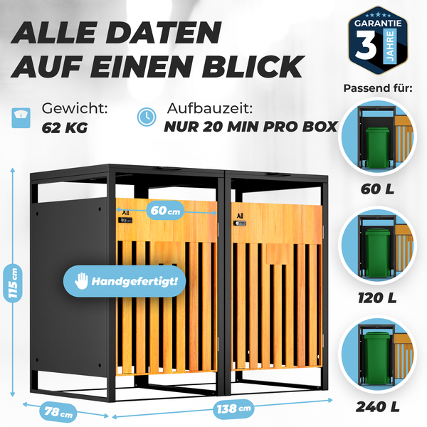 ALL Premium Mülltonnenbox 2er – Abschließbar, wetterfest & edle Holzoptik, für Garten, Hof & Straße, beliebig erweiterbar, legierter Stahl robust & langlebig