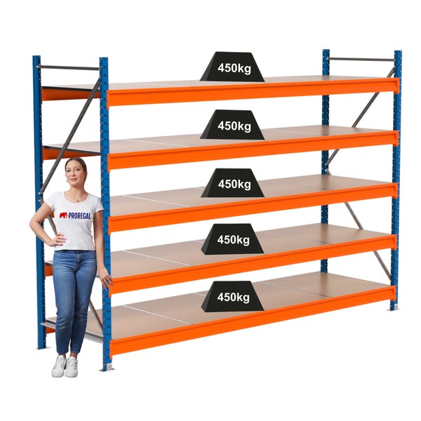 Lagerregal mit fünf Ebenen und einer Traglast von 450 Kilogramm pro Ebene.