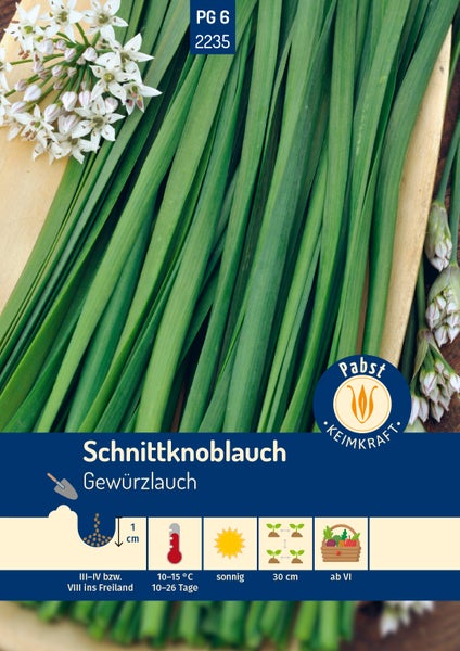 Samentüte für Schnittknoblauch von Pabst Keimkraft. Symbole für sonnigen Standort, circa 1 Zentimeter Saattiefe und Ernte ab Juni.