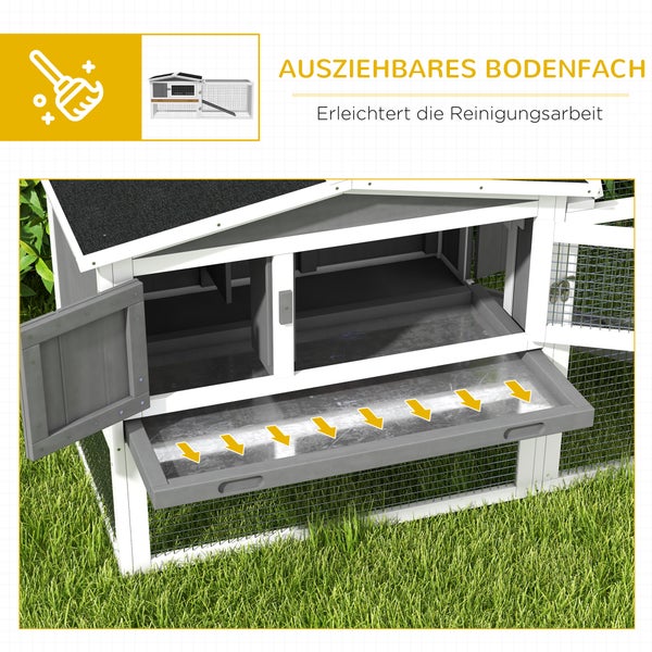 PawHut Hasenstall Kaninchenstall mit Freilaufgehege Bodenwanne, Rampe, Kleintierstall aus Holz Meerschweinchen Gehege mit 2 Etagen, Sichtfenster, für Zwergkaninchen 156x58x68 cm, Hellgrau