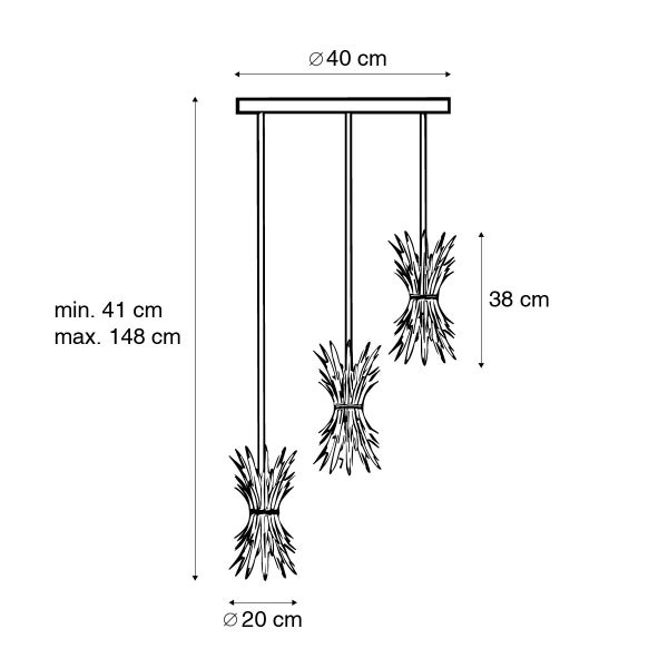 Skizze einer Pendelleuchte mit drei Lampenschirmen, Durchmesser 20 bis 40 Zentimeter, Höhe 41 bis 148 Zentimeter