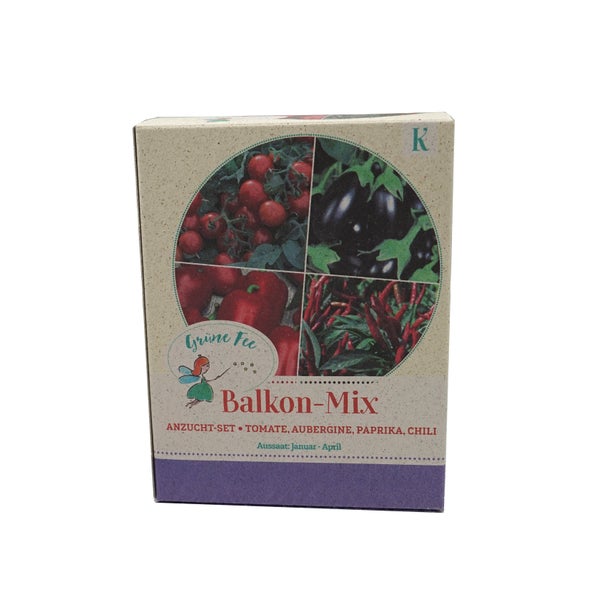 Grüne Fee Anzucht-Set Balkon-Mix mit Samen für Tomate, Aubergine, Paprika und Chili.