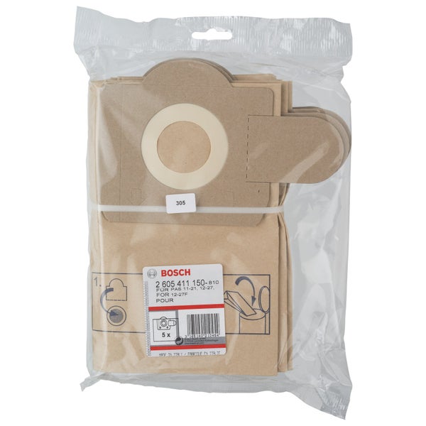 Bosch Staubsaugerbeutel aus Papier, 5 Stück, passend für PAS 11-21, 12-27 und 12-27F. Bosch Logo.