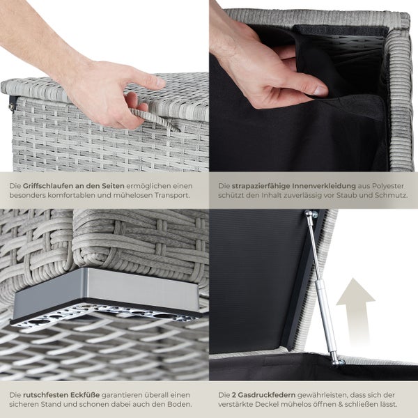 Auflagenbox tectake Oslo 145 x 82,5 x 79,5 cm mit Aluminiumgestell und Rattangeflecht hellgrau