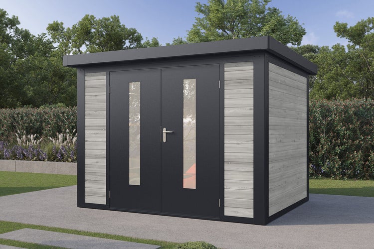 Modernes Gartenhaus mit Flachdach und Doppeltür mit Glaseinsätzen, Holzoptik kombiniert mit dunklen Elementen in einem Garten.