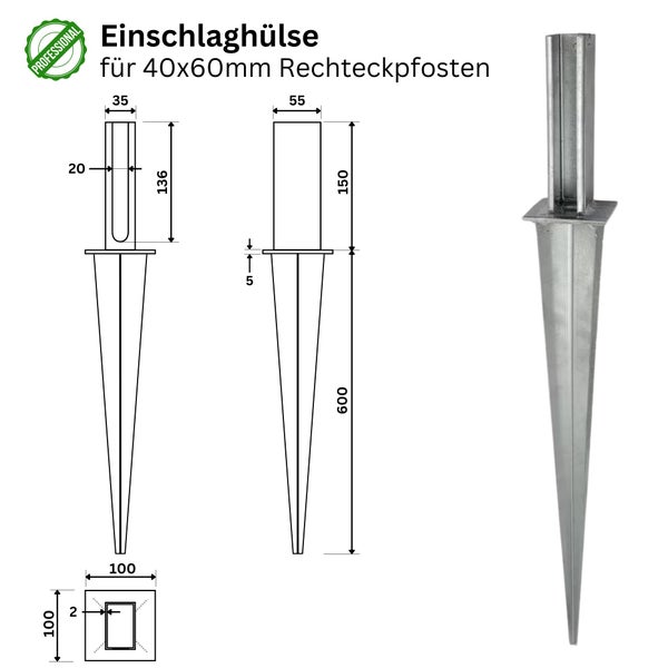 Einschlaghülse für 40x60 Millimeter Rechteckpfosten mit Maßangaben