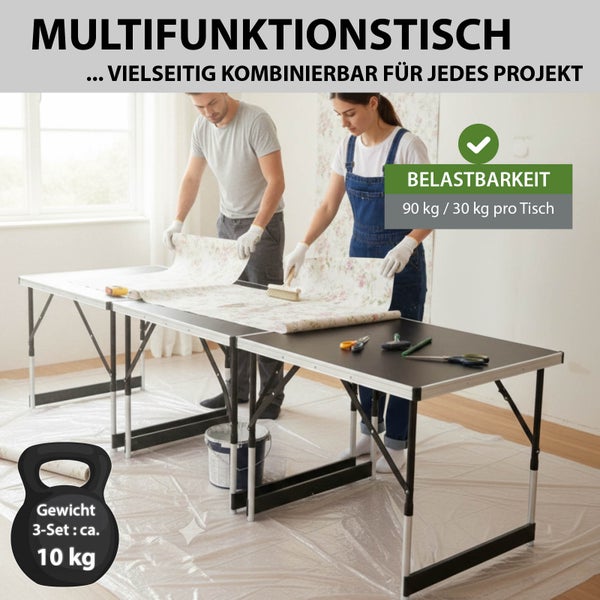 Multifunktionstisch mit zwei Personen beim Tapezieren, Traglast 90 Kilogramm gesamt oder 30 Kilogramm pro Tisch, Gewichte 3er Set circa 10 Kilogramm