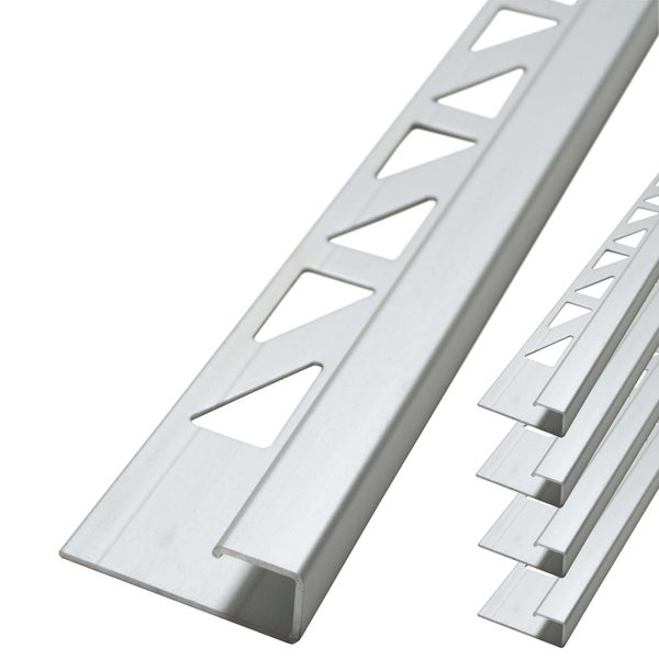 Fliesenkantenprofil aus Aluminium in Quadrat-Form mit dreieckigen Stanzungen zur Verlegung im Fliesenbett.