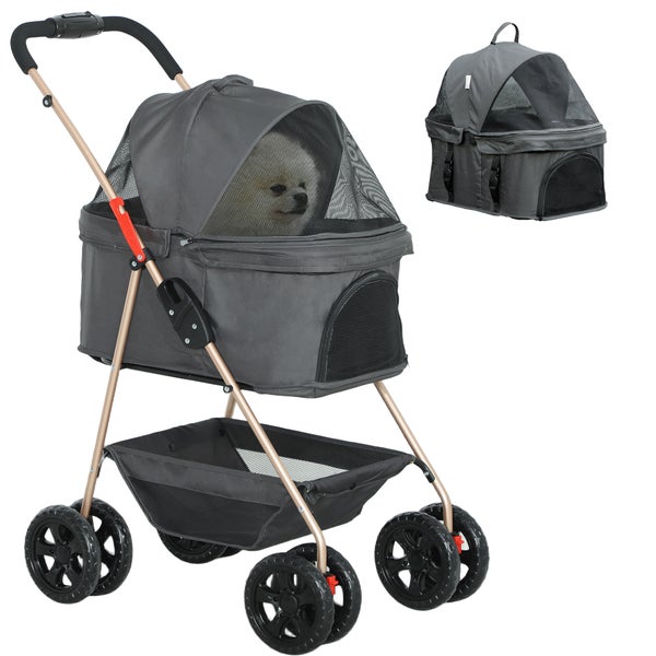 PawHut Hundewagen 3 in 1 Hundebuggy Faltbar Hundebox, klappbar Transporttasche mit Getränkehalter, Hunde Buggy, Katzenwagen mit 360° Räder Katzenbuggy für Mini Hunde unter 4 kg, Grau