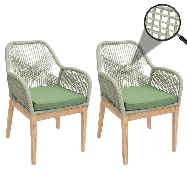 Zwei Armlehnstühle mit Seilbespannung und Sitzkissen