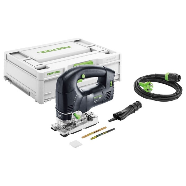 Festool Pendelstichsäge PSB 300 EQ-Plus TRION mit Systainer, Netzkabel, Stichsägeblättern, Splitterschutz und Absaugadapter.