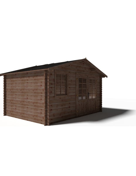 Gartenhaus aus Holz mit Doppeltür, Fenstern und Satteldach.