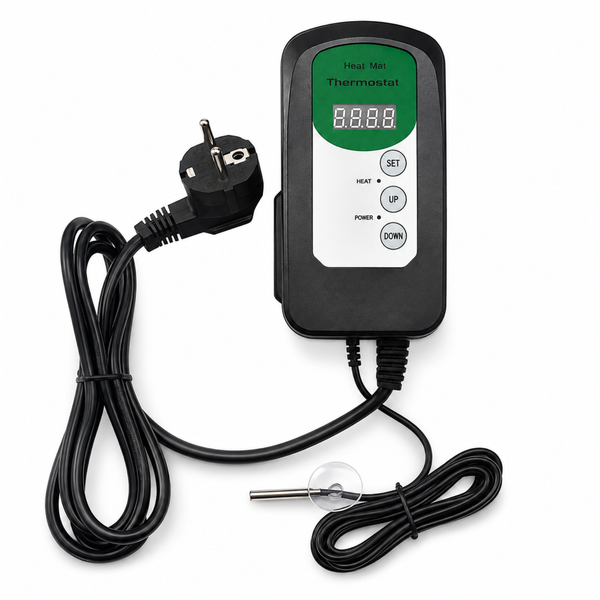 Digitaler Thermostat für Heizmatten mit Temperaturfühler und Schuko Stecker zur präzisen Temperaturregelung.