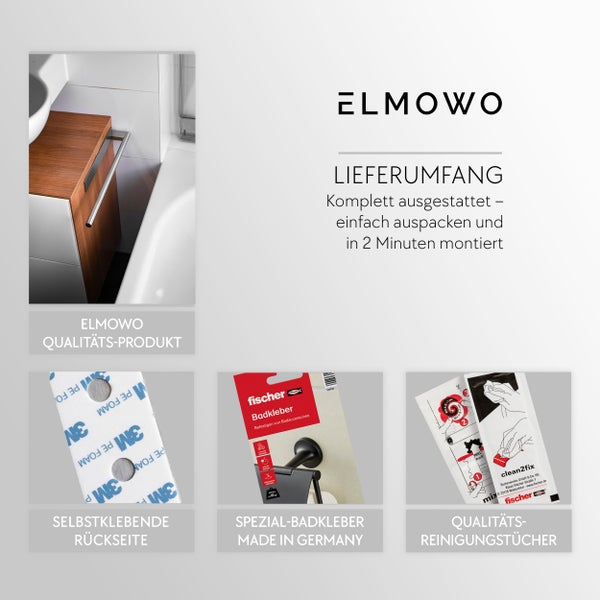 Übersicht zu ELMOWO Badaccessoires mit Montagezubehör, selbstklebender Rückseite, fischer Badkleber und Reinigungstüchern für die einfache Montage.
