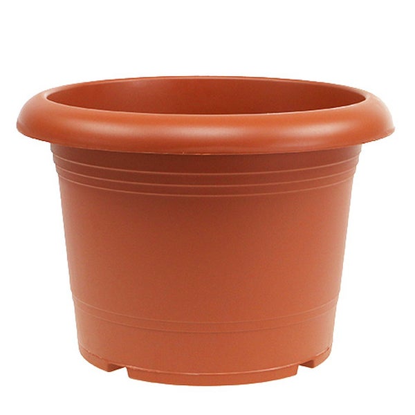 Runder Pflanztopf aus Kunststoff in Terrakotta-Optik mit breitem Rand.
