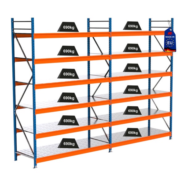 Regalsystem mit sechs Ebenen und einer Traglast von 690 Kilogramm pro Ebene, Hergestellt in der EU Siegel