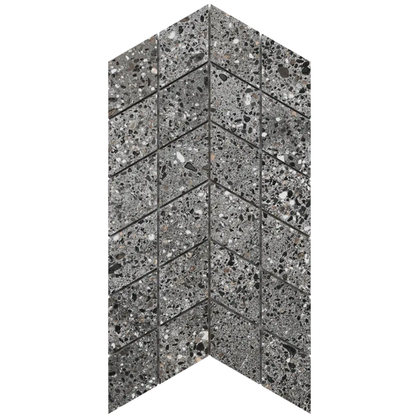 Mosaikfliese in Terrazzo Optik mit Rautenmuster in Grautönen und Schwarz