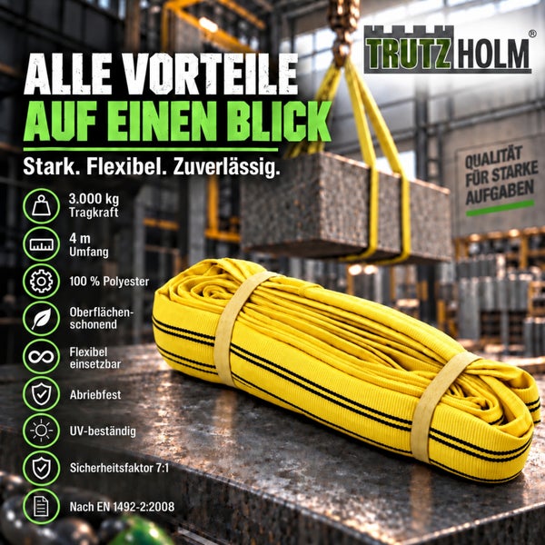 Trutzholm Rundschlinge aus Polyester mit 3000 kg Tragkraft und 4 Meter Umfang auf einer Werkbank in einem Industriebetrieb.