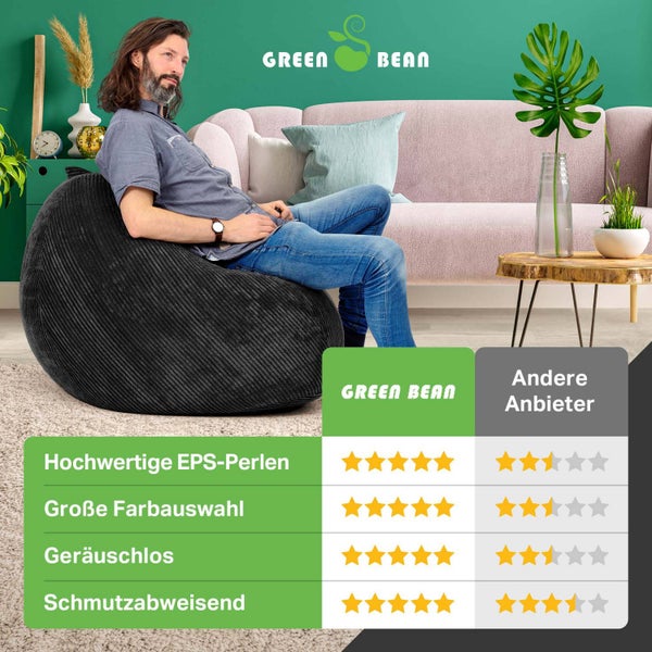 Green Bean Indoor Sitzsack 90x110cm EPS-Perlen Füllung & Cordstoff Kuschelig Weich Waschbar - Drinnen Bodenkissen Liegekissen Sitzkissen Sitzhocker Relax-Sessel Kinder Erwachsene Stoff Schwarz
