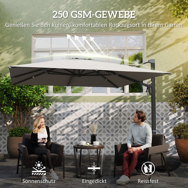 Outsunny Alu Ampelschirm 3 x 3 m 360° drehbar Sonnenschirm mit Kurbel Ständer neigbar Wasserabweisend Marktschirm höhenverstellbar Gartenschirm Kurbelschirm Sonnenschutz für Garten Balkon Hellgrau